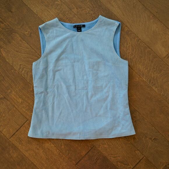 St. John Blue Wool Ribbed 1 button Jacket w perforated Leather with matching Top - Picture 3 of 11